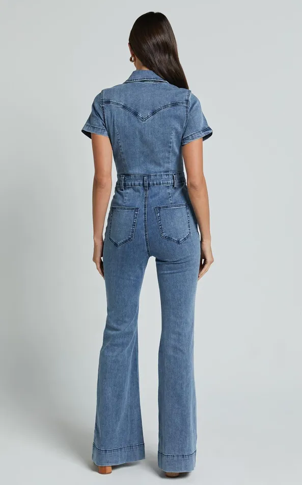 Showpo Silvena Jumpsuit 8211 Short Sleeve Flared Denim Jumpsuit In Blue Women Curve Clothes