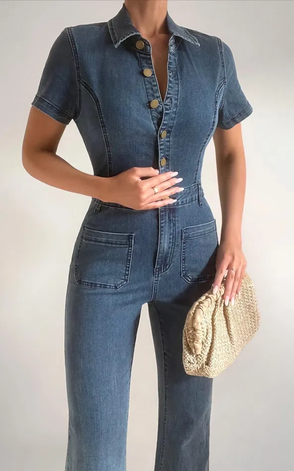 Showpo Silvena Jumpsuit 8211 Short Sleeve Flared Denim Jumpsuit In Indigo Wash Women Curve Clothes Showpo Silvena Jumpsuit 8211 Short Sleeve Flared Denim Jumpsuit In Indigo Wash Women Curve Clothes