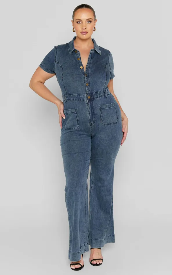 Showpo Silvena Jumpsuit 8211 Short Sleeve Flared Denim Jumpsuit In Indigo Wash Women Curve Clothes