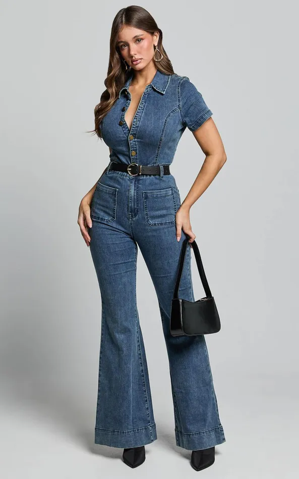 Showpo Silvena Jumpsuit 8211 Short Sleeve Flared Denim Jumpsuit In Indigo Wash Women Curve Clothes