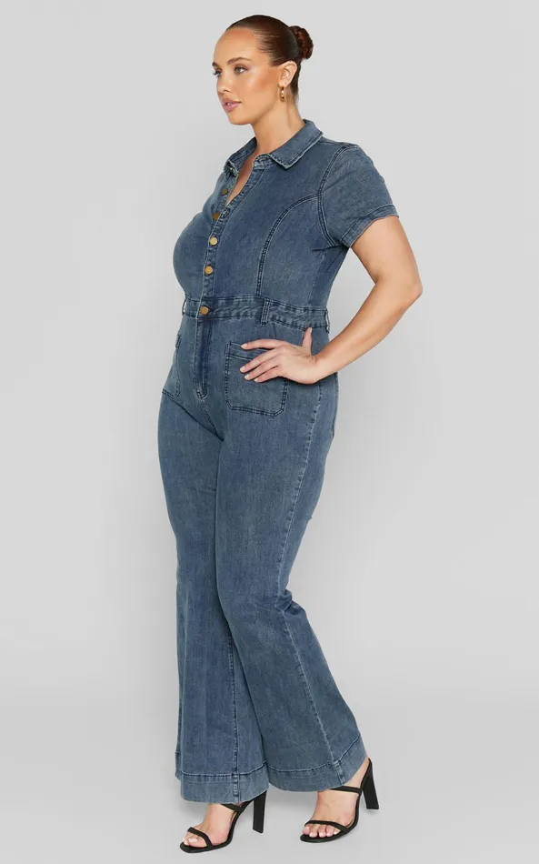 Showpo Silvena Jumpsuit 8211 Short Sleeve Flared Denim Jumpsuit In Indigo Wash Women Curve Clothes