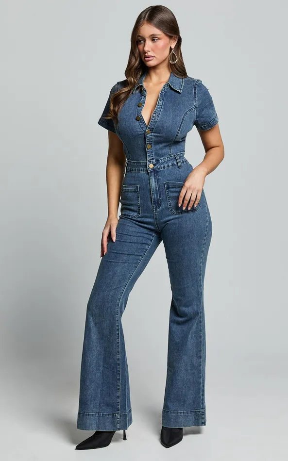 Showpo Silvena Jumpsuit 8211 Short Sleeve Flared Denim Jumpsuit In Indigo Wash Women Curve Clothes