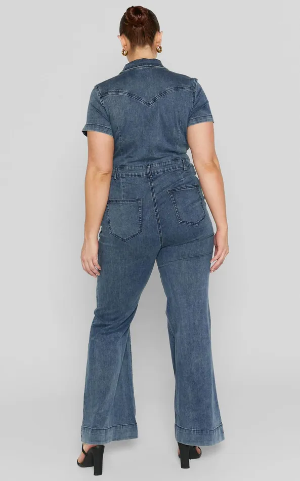 Showpo Silvena Jumpsuit 8211 Short Sleeve Flared Denim Jumpsuit In Indigo Wash Women Curve Clothes