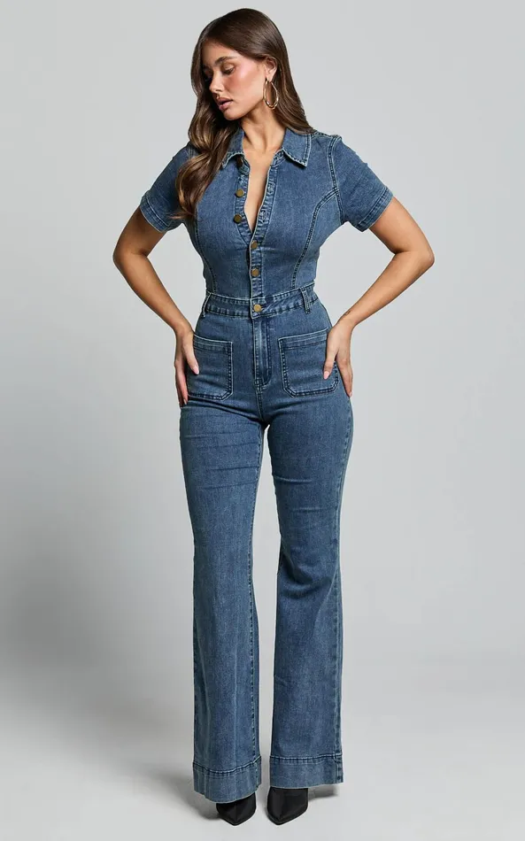 Showpo Silvena Jumpsuit 8211 Short Sleeve Flared Denim Jumpsuit In Indigo Wash Women Curve Clothes