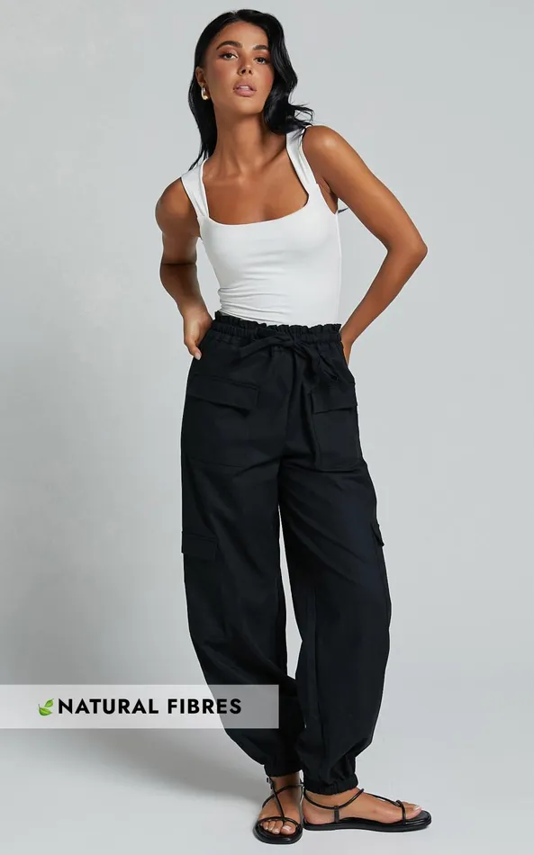 Showpo Simpson Pants 8211 Linen Look Tie Waist Pocket Detail Cargo Pants In Black Women Pants