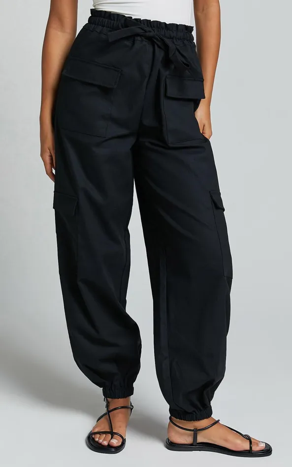 Showpo Simpson Pants 8211 Linen Look Tie Waist Pocket Detail Cargo Pants In Black Women Pants
