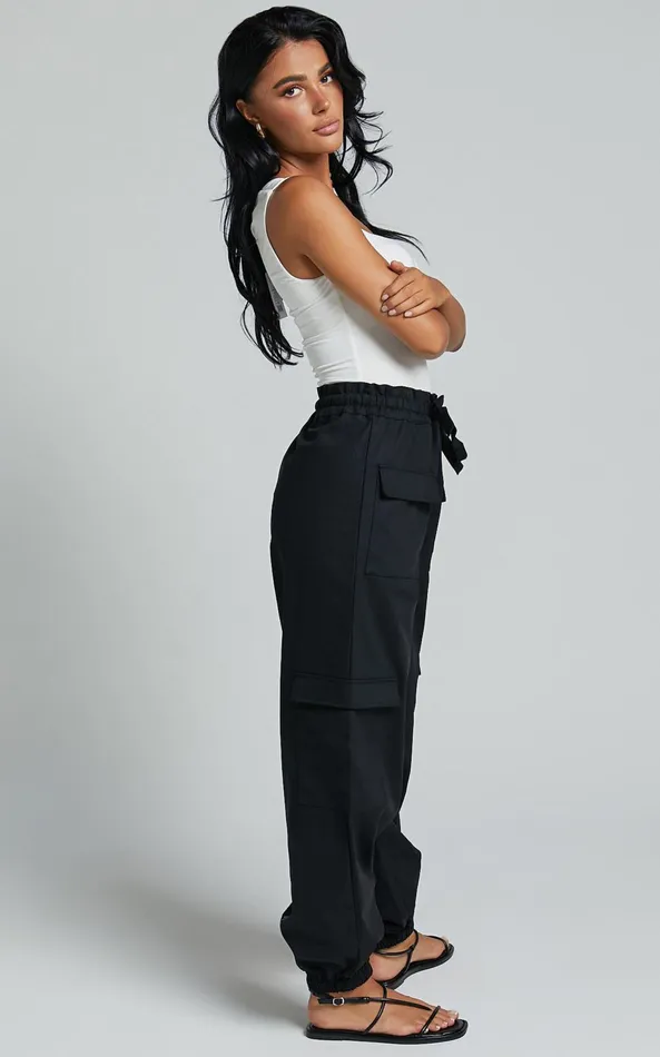Showpo Simpson Pants 8211 Linen Look Tie Waist Pocket Detail Cargo Pants In Black Women Pants