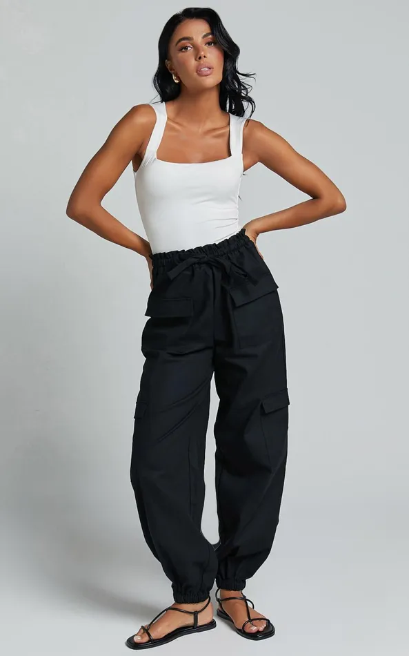 Showpo Simpson Pants 8211 Linen Look Tie Waist Pocket Detail Cargo Pants In Black Women Pants
