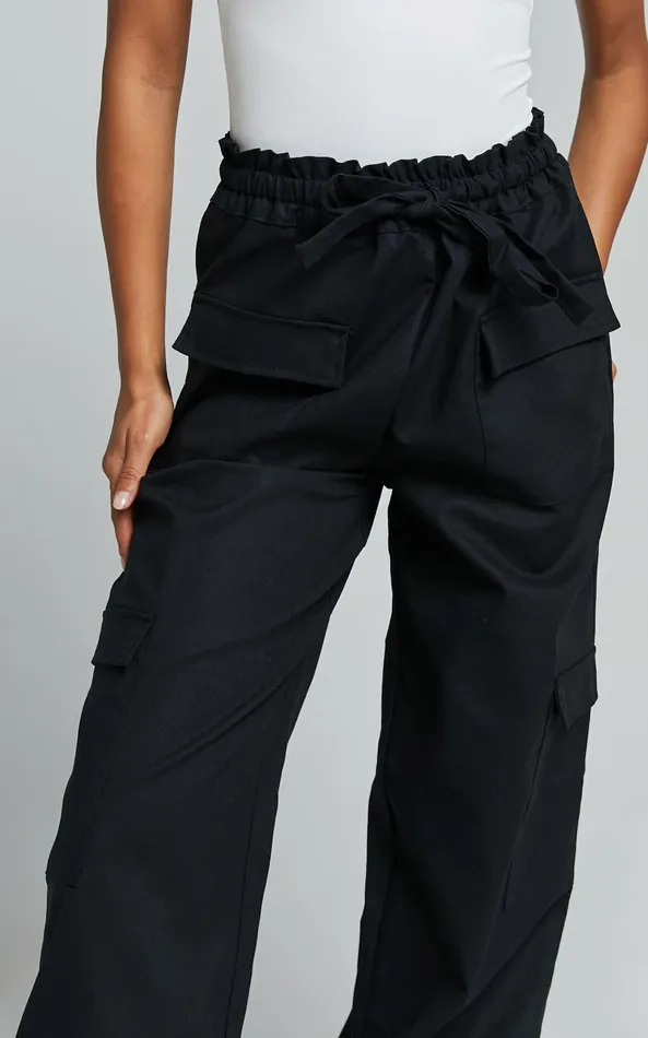 Showpo Simpson Pants 8211 Linen Look Tie Waist Pocket Detail Cargo Pants In Black Women Pants