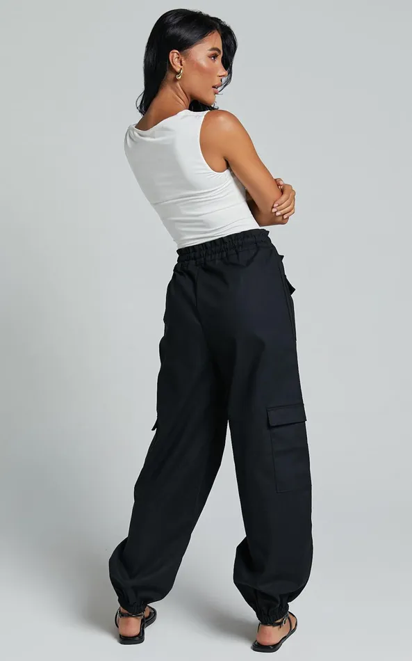 Showpo Simpson Pants 8211 Linen Look Tie Waist Pocket Detail Cargo Pants In Black Women Pants
