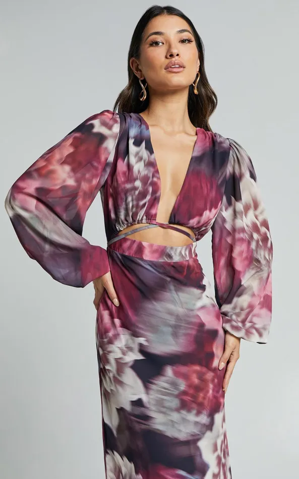 Showpo Sinclair Midi Dress 8211 Plunge Bishop Sleeve Cut Out Dress In Mariache Rose Print Women Dresses