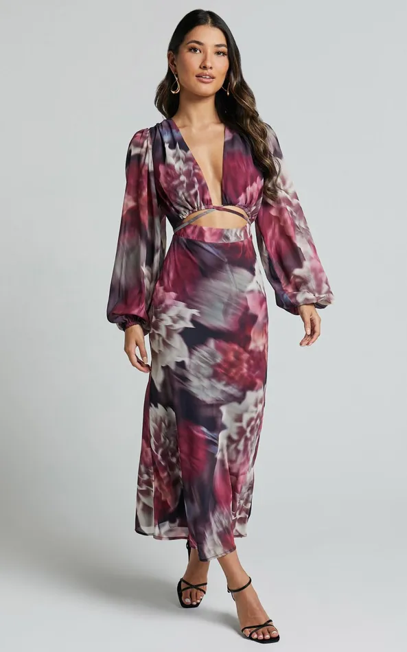 Showpo Sinclair Midi Dress 8211 Plunge Bishop Sleeve Cut Out Dress In Mariache Rose Print Women Dresses