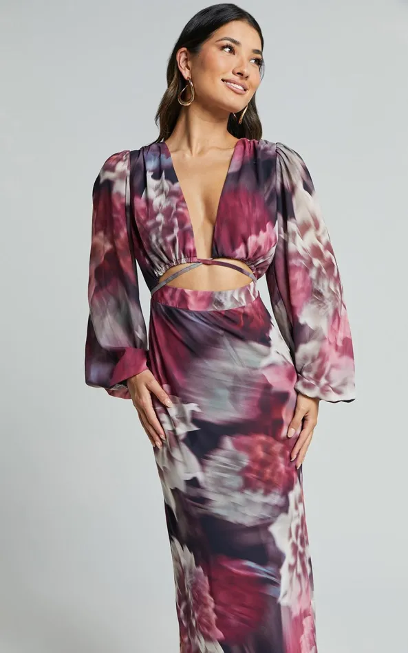 Showpo Sinclair Midi Dress 8211 Plunge Bishop Sleeve Cut Out Dress In Mariache Rose Print Women Dresses