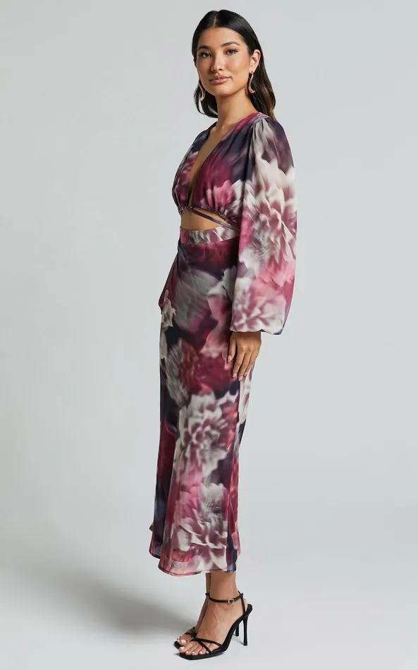 Showpo Sinclair Midi Dress 8211 Plunge Bishop Sleeve Cut Out Dress In Mariache Rose Print Women Dresses