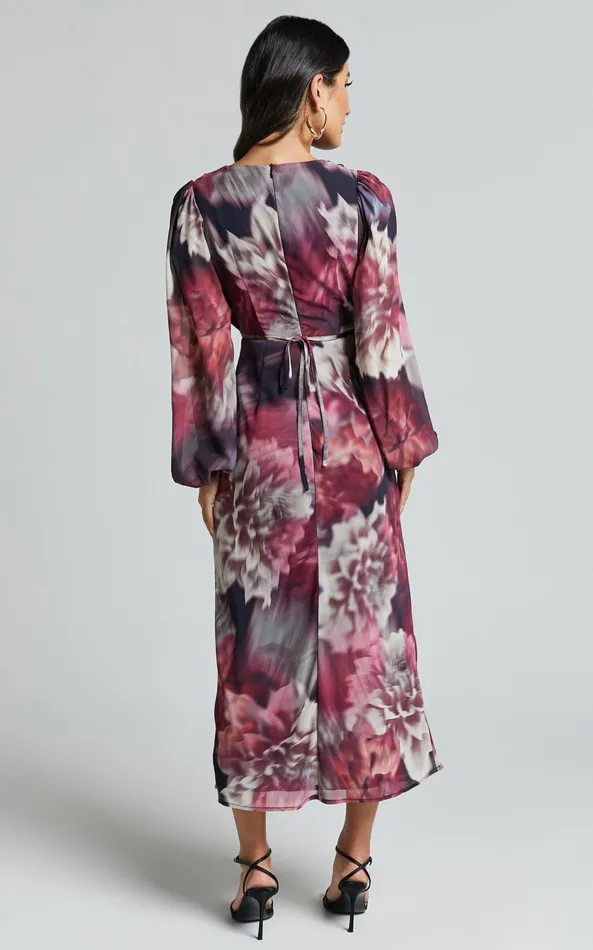 Showpo Sinclair Midi Dress 8211 Plunge Bishop Sleeve Cut Out Dress In Mariache Rose Print Women Dresses