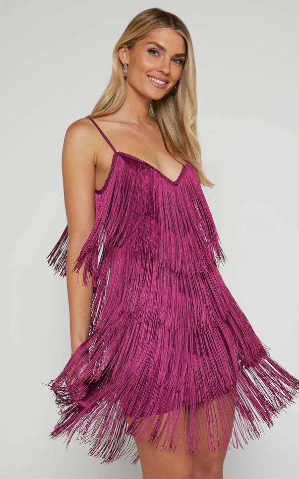 Showpo Siofra Mini Dress 8211 Zig Zag Fringe Dress In Mulberry Women Dresses