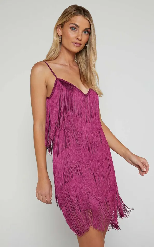 Showpo Siofra Mini Dress 8211 Zig Zag Fringe Dress In Mulberry Women Dresses