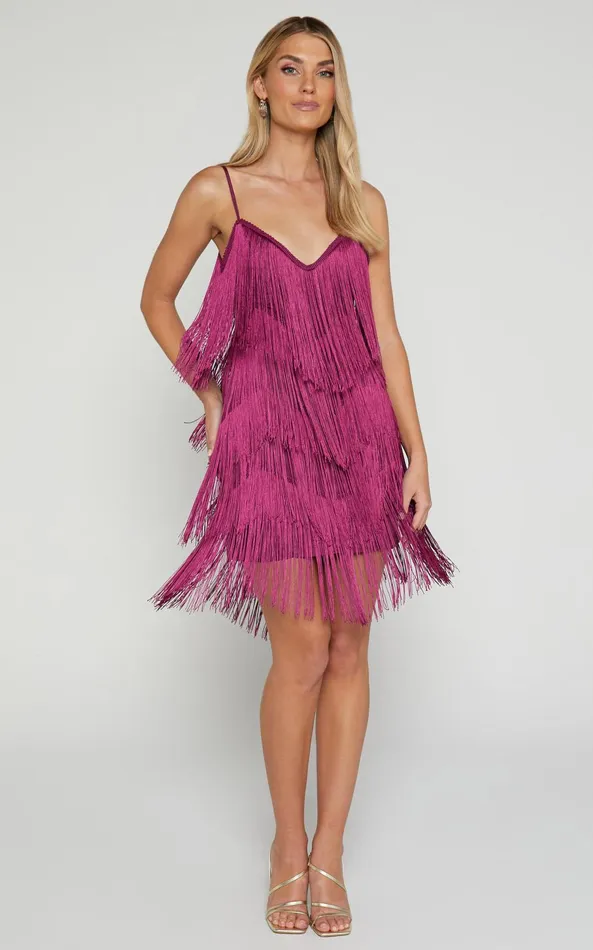 Showpo Siofra Mini Dress 8211 Zig Zag Fringe Dress In Mulberry Women Dresses