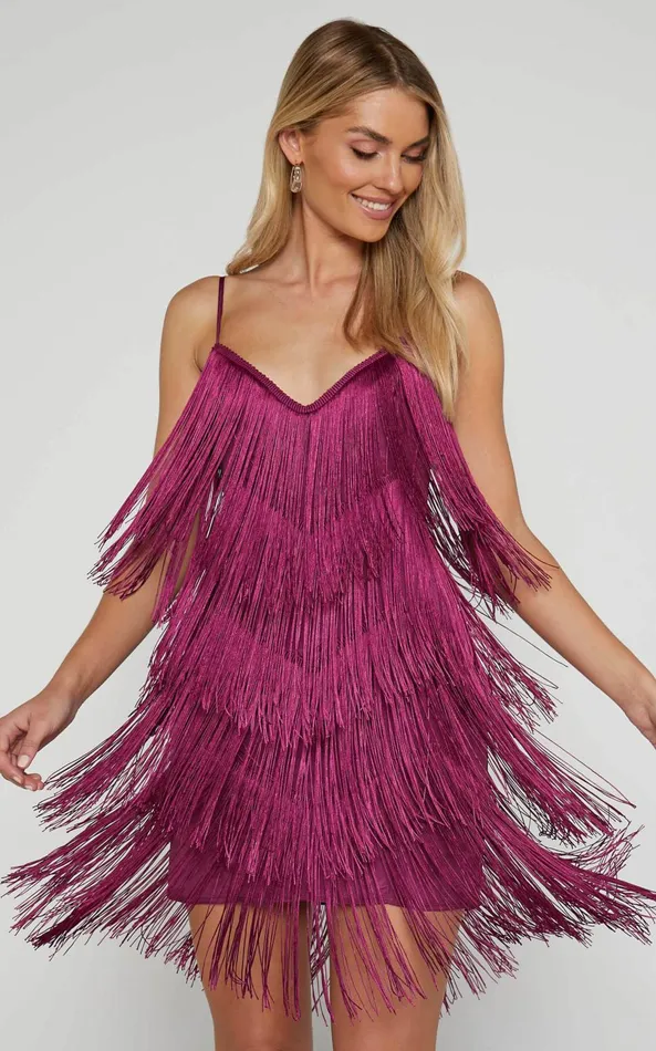 Showpo Siofra Mini Dress 8211 Zig Zag Fringe Dress In Mulberry Women Dresses