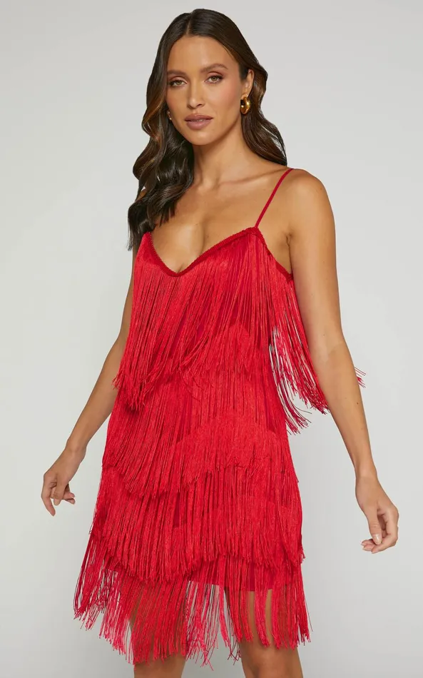 Showpo Siofra Mini Dress 8211 Zig Zag Fringe Dress In Red Women Dresses