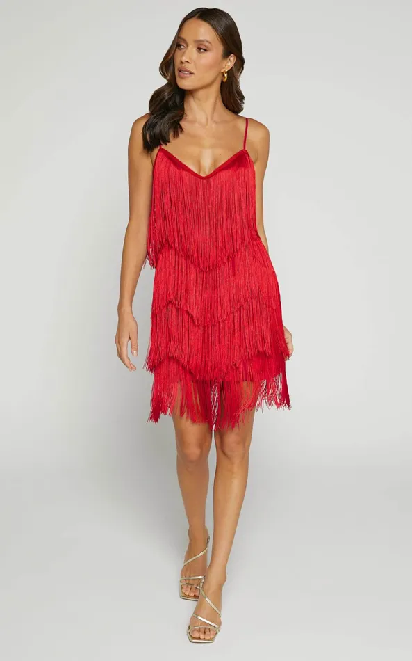Showpo Siofra Mini Dress 8211 Zig Zag Fringe Dress In Red Women Dresses
