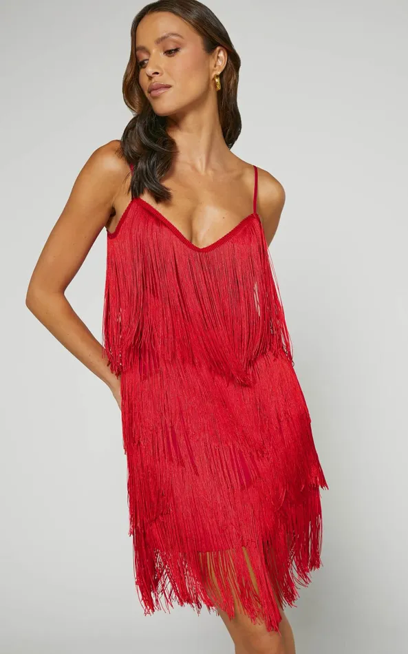 Showpo Siofra Mini Dress 8211 Zig Zag Fringe Dress In Red Women Dresses