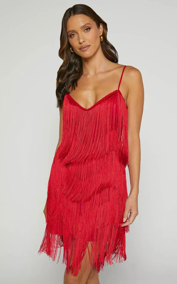 Showpo Siofra Mini Dress 8211 Zig Zag Fringe Dress In Red Women Dresses