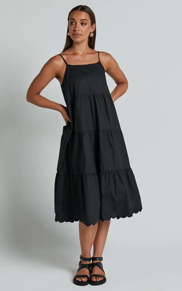 Showpo Siony Midi Dress 8211 Scoop Neck Strappy Scallop Hem Tiered Dress In Black Women Dresses Showpo Siony Midi Dress 8211 Scoop Neck Strappy Scallop Hem Tiered Dress In Black Women Dresses
