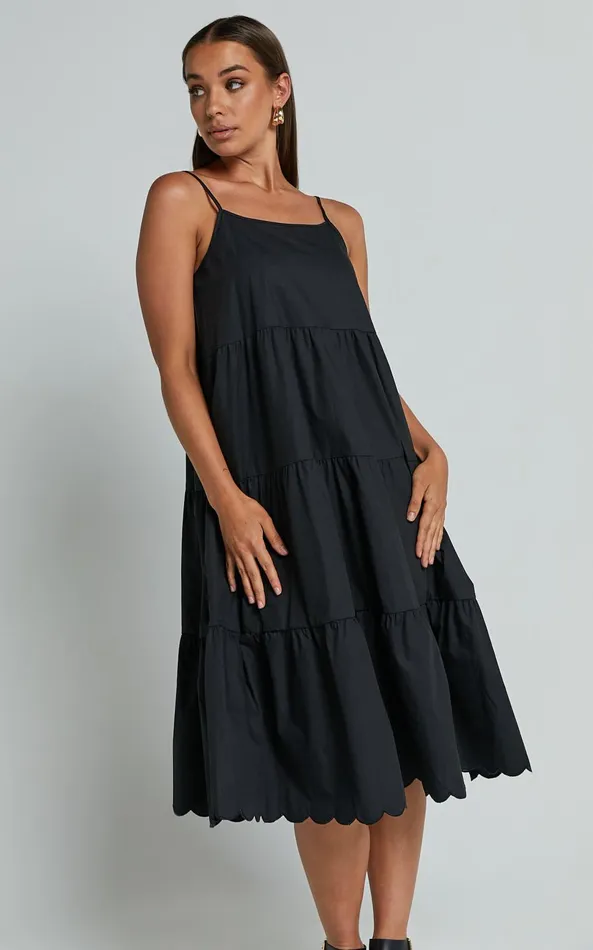 Showpo Siony Midi Dress 8211 Scoop Neck Strappy Scallop Hem Tiered Dress In Black Women Dresses