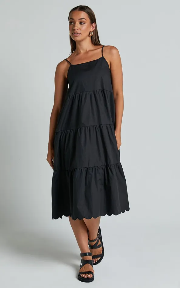 Showpo Siony Midi Dress 8211 Scoop Neck Strappy Scallop Hem Tiered Dress In Black Women Dresses