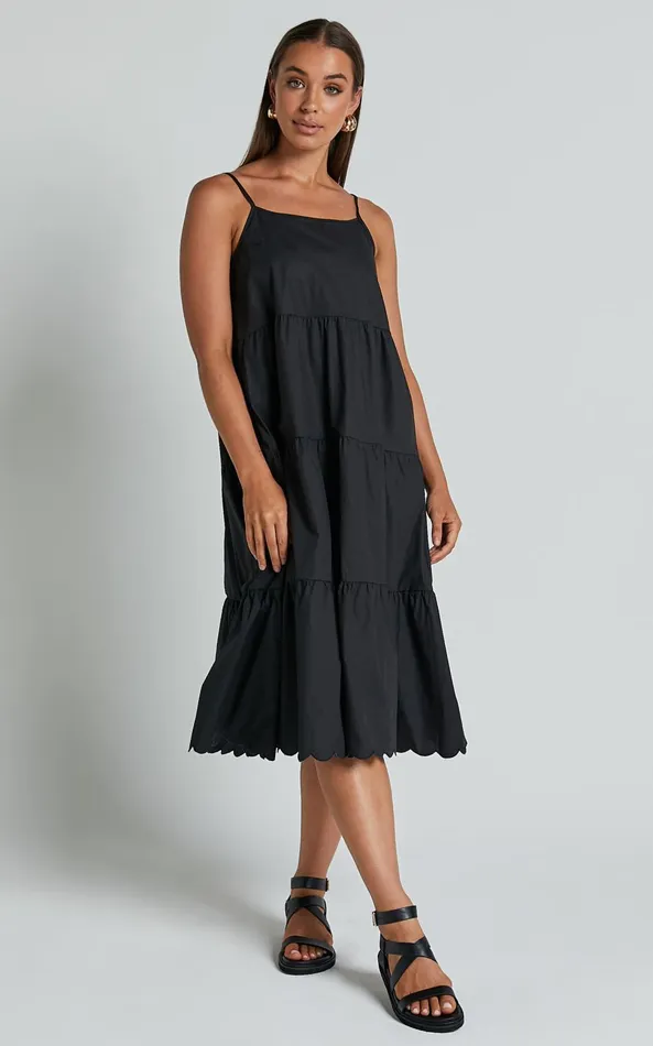 Showpo Siony Midi Dress 8211 Scoop Neck Strappy Scallop Hem Tiered Dress In Black Women Dresses