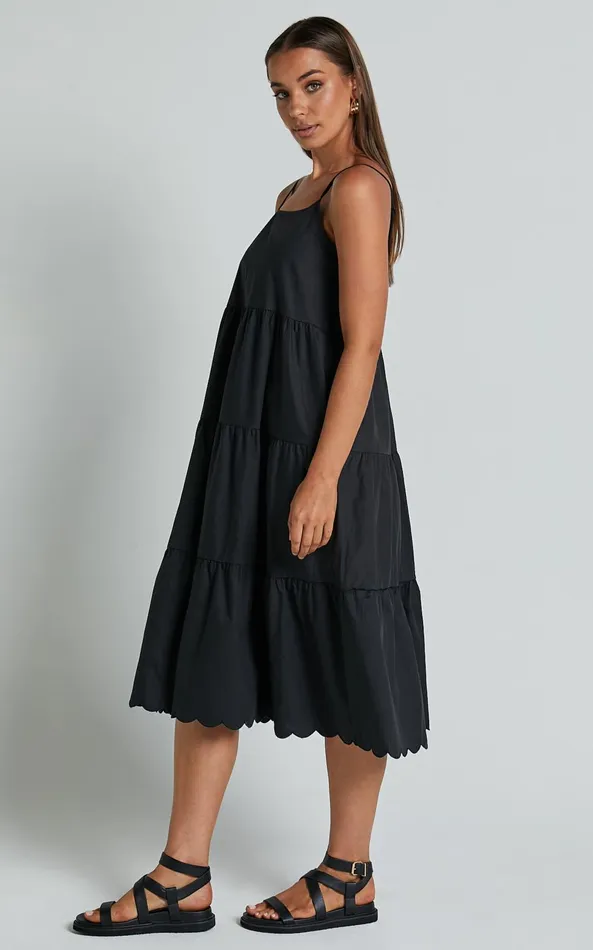 Showpo Siony Midi Dress 8211 Scoop Neck Strappy Scallop Hem Tiered Dress In Black Women Dresses