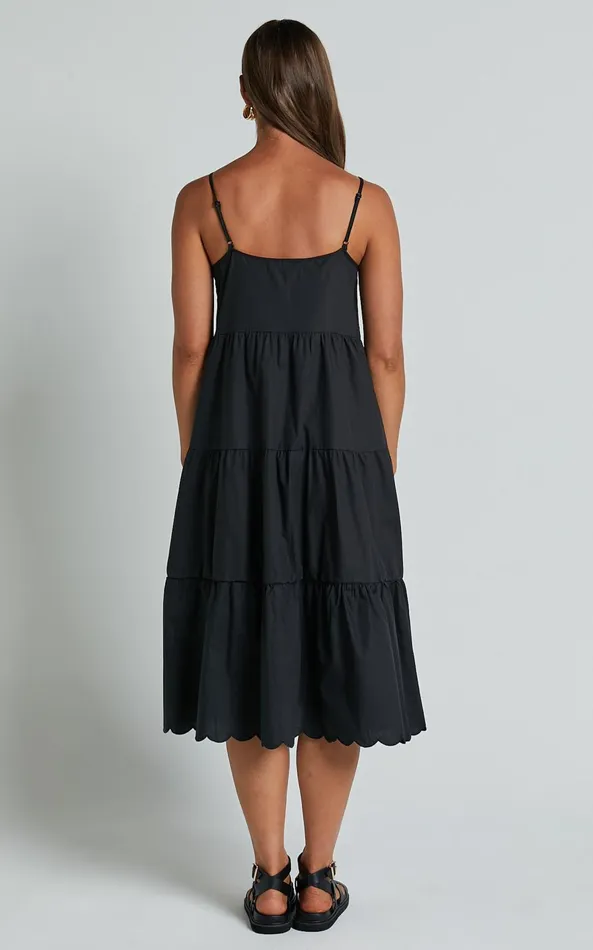 Showpo Siony Midi Dress 8211 Scoop Neck Strappy Scallop Hem Tiered Dress In Black Women Dresses