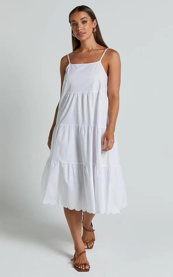 Showpo Siony Midi Dress 8211 Scoop Neck Strappy Scallop Hem Tiered Dress In White Women Dresses Showpo Siony Midi Dress 8211 Scoop Neck Strappy Scallop Hem Tiered Dress In White Women Dresses