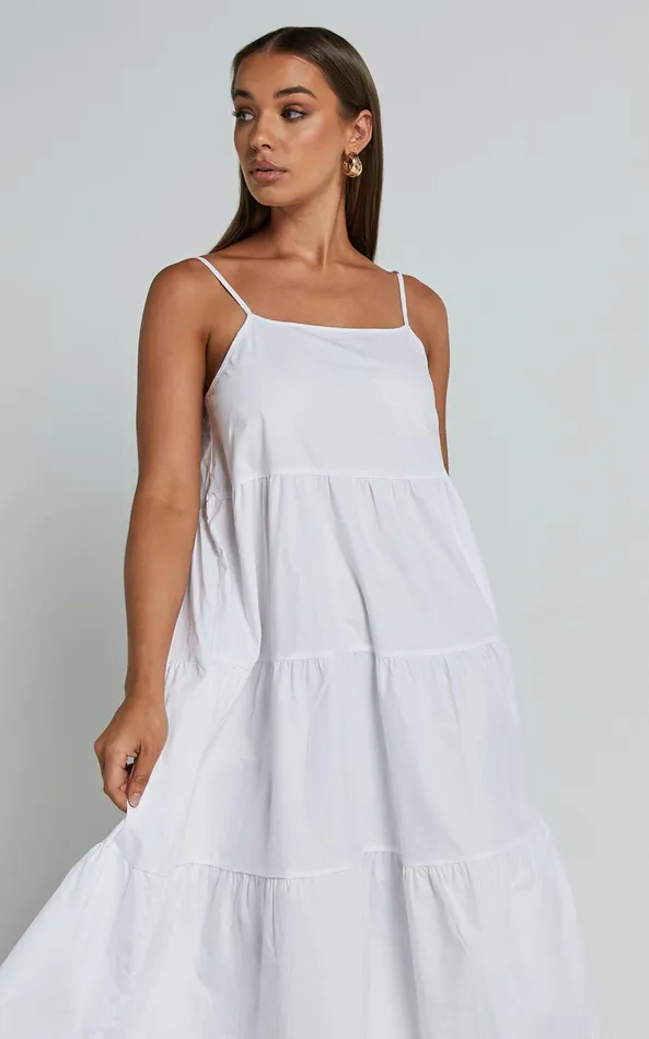 Showpo Siony Midi Dress 8211 Scoop Neck Strappy Scallop Hem Tiered Dress In White Women Dresses