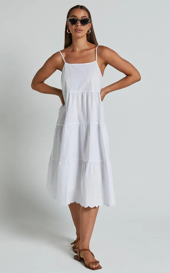 Showpo Siony Midi Dress 8211 Scoop Neck Strappy Scallop Hem Tiered Dress In White Women Dresses