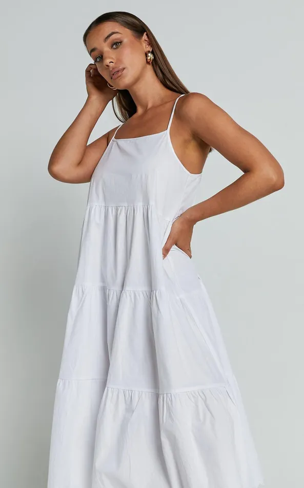 Showpo Siony Midi Dress 8211 Scoop Neck Strappy Scallop Hem Tiered Dress In White Women Dresses