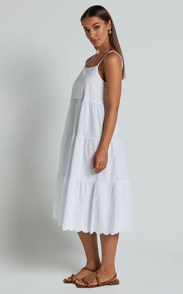 Showpo Siony Midi Dress 8211 Scoop Neck Strappy Scallop Hem Tiered Dress In White Women Dresses