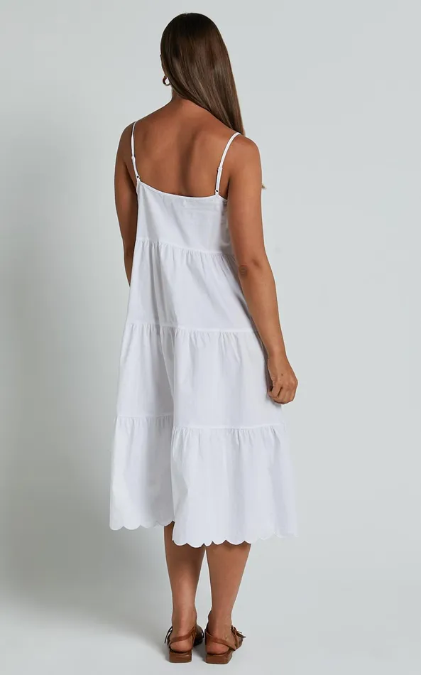 Showpo Siony Midi Dress 8211 Scoop Neck Strappy Scallop Hem Tiered Dress In White Women Dresses