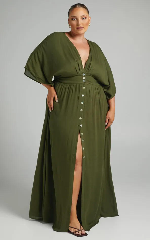 Showpo Sitting Pretty Midi Dress 8211 Short Sleeve Button Down Dress In Olive Women Curve Clothes