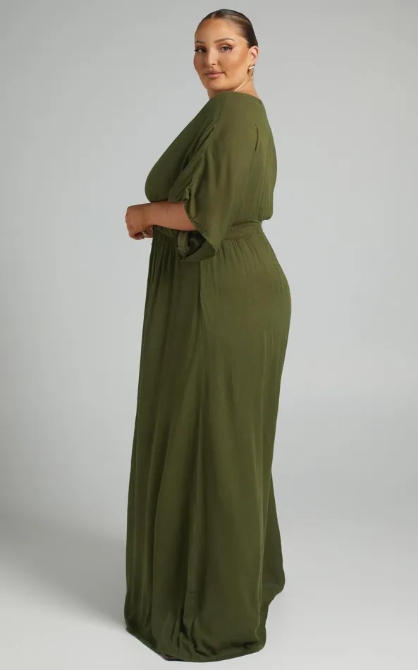 Showpo Sitting Pretty Midi Dress 8211 Short Sleeve Button Down Dress In Olive Women Curve Clothes