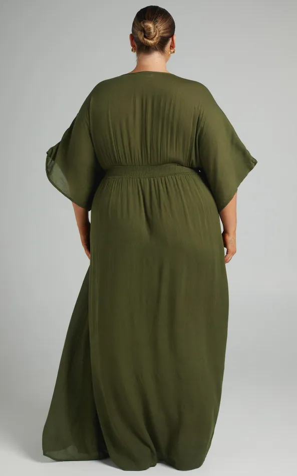 Showpo Sitting Pretty Midi Dress 8211 Short Sleeve Button Down Dress In Olive Women Curve Clothes