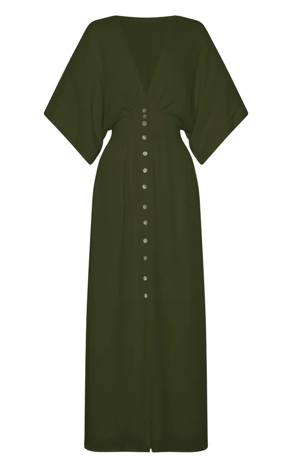 Showpo Sitting Pretty Midi Dress 8211 Short Sleeve Button Down Dress In Olive Women Curve Clothes
