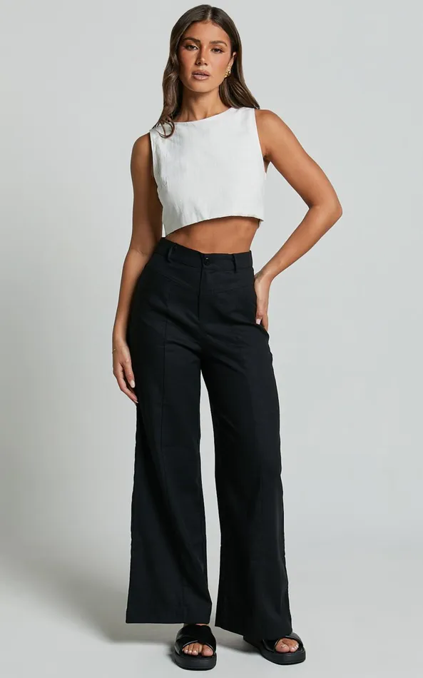 Showpo Skye Pants 8211 Linen Look High Waisted Seam Detail Pants In Black Women Pants
