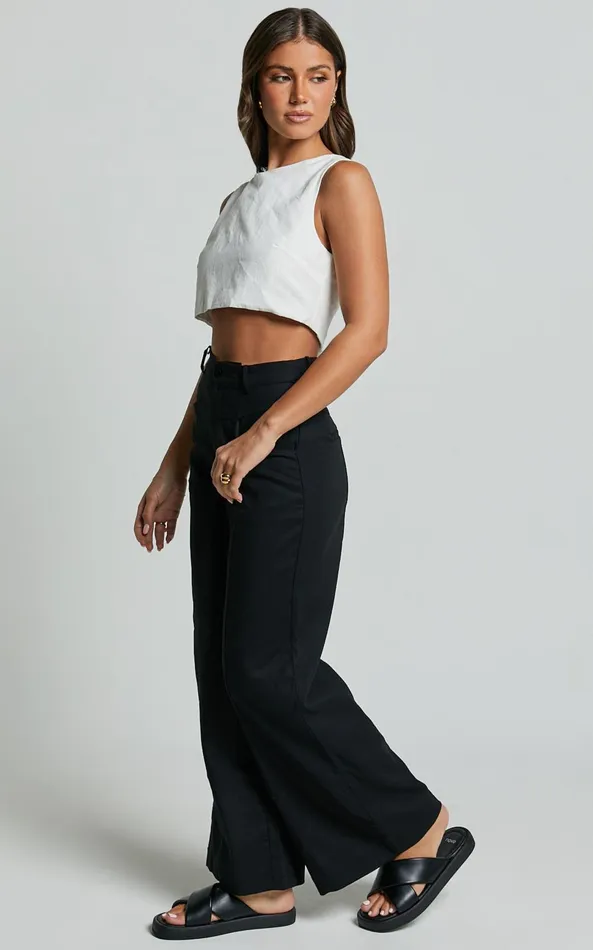 Showpo Skye Pants 8211 Linen Look High Waisted Seam Detail Pants In Black Women Pants