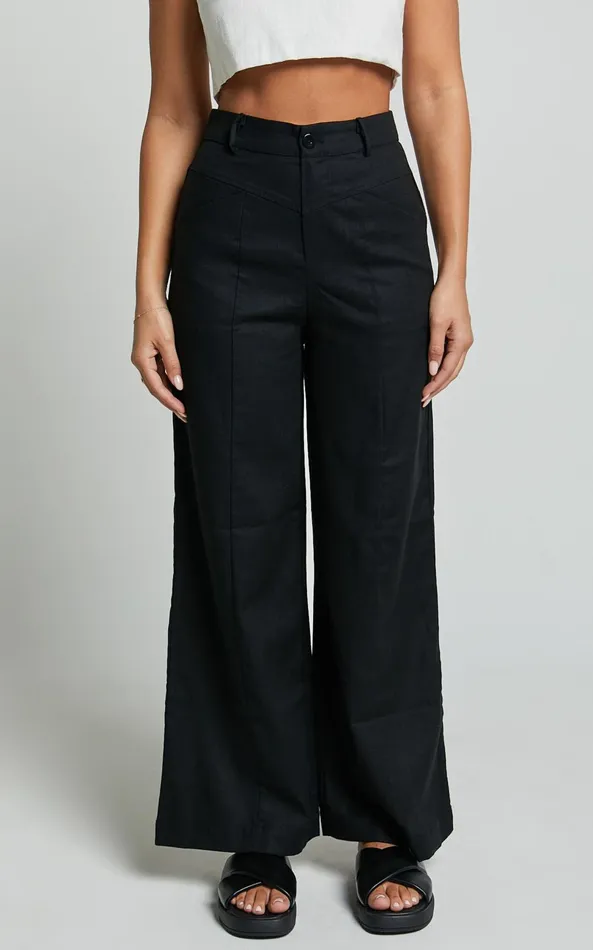 Showpo Skye Pants 8211 Linen Look High Waisted Seam Detail Pants In Black Women Pants