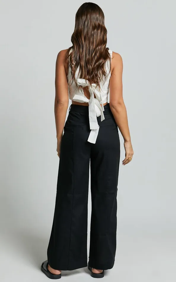 Showpo Skye Pants 8211 Linen Look High Waisted Seam Detail Pants In Black Women Pants