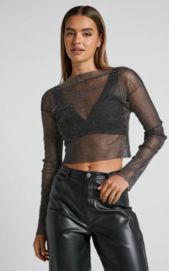 Showpo Skylae Top 8211 Diamante Mesh Long Sleeve Crop Top In Black Women Tops