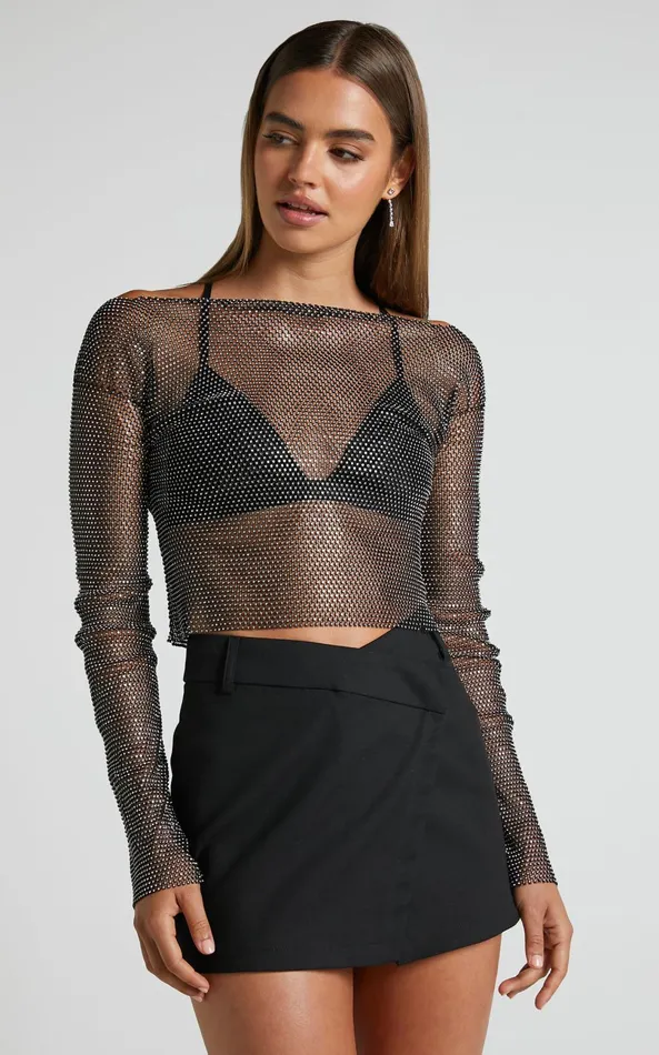 Showpo Skylae Top 8211 Diamante Mesh Long Sleeve Crop Top In Black Women Tops