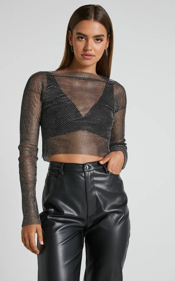 Showpo Skylae Top 8211 Diamante Mesh Long Sleeve Crop Top In Black Women Tops